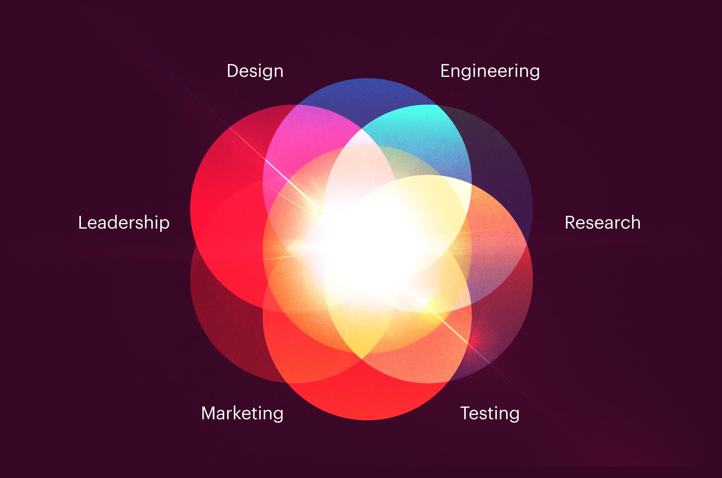 A diagram showing design, engineering, leadership, marketing, research, and testing intersecting