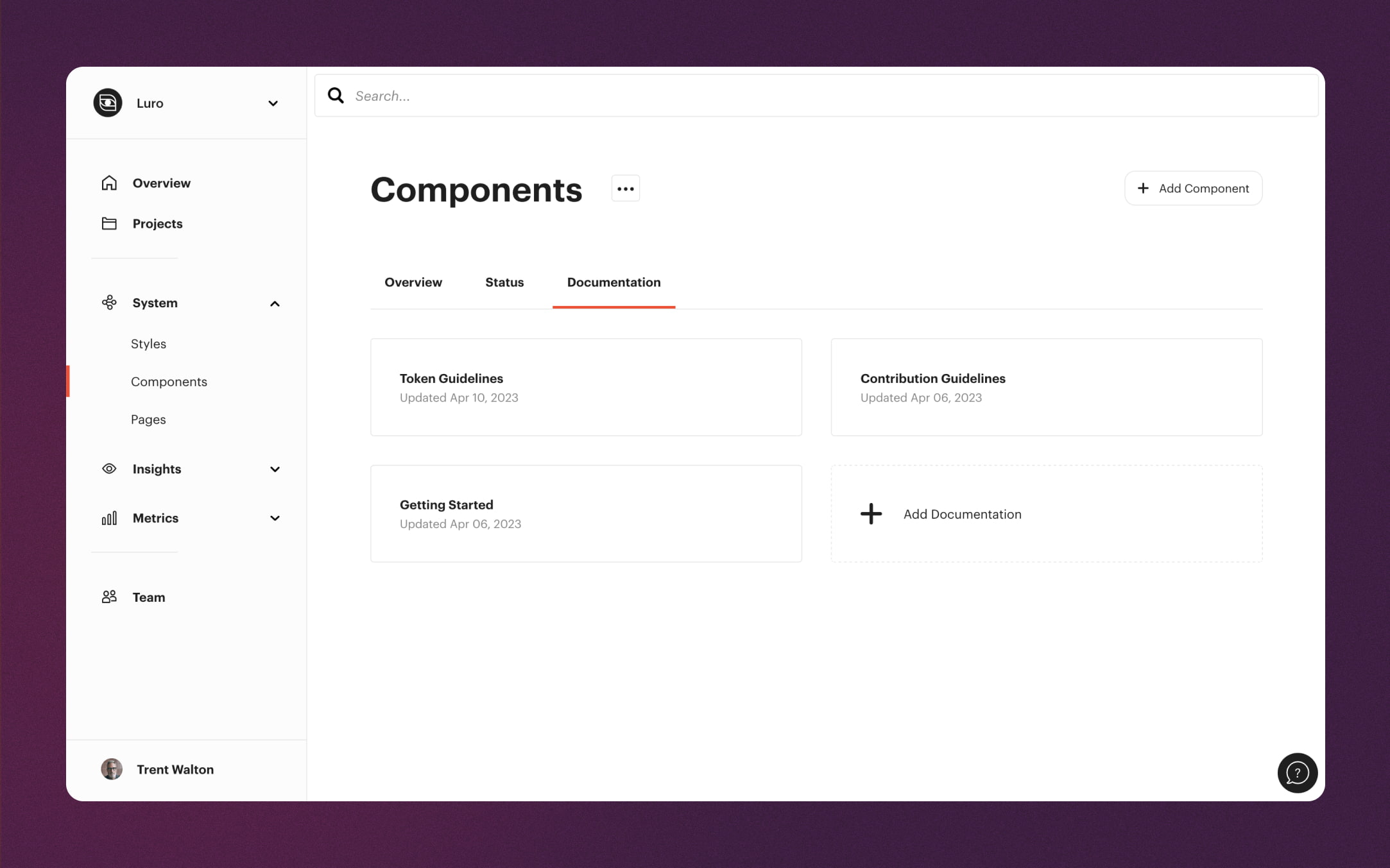 A screenshot of documentation inside a Luro components section view