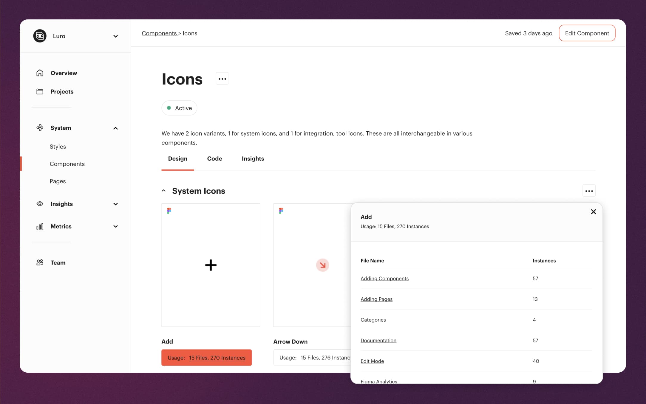 A screenshot of figma analytics inside a Luro